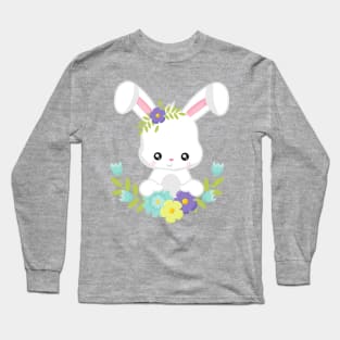 Easter, Cute Bunny, White Bunny, Rabbit, Flowers Long Sleeve T-Shirt